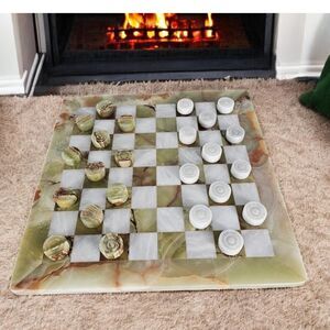 Onyx green checkers set, handmade checker game for birthday, valentine gift, New